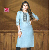 Light Blue Slim Fit Straight Cut Embroidered Kurti